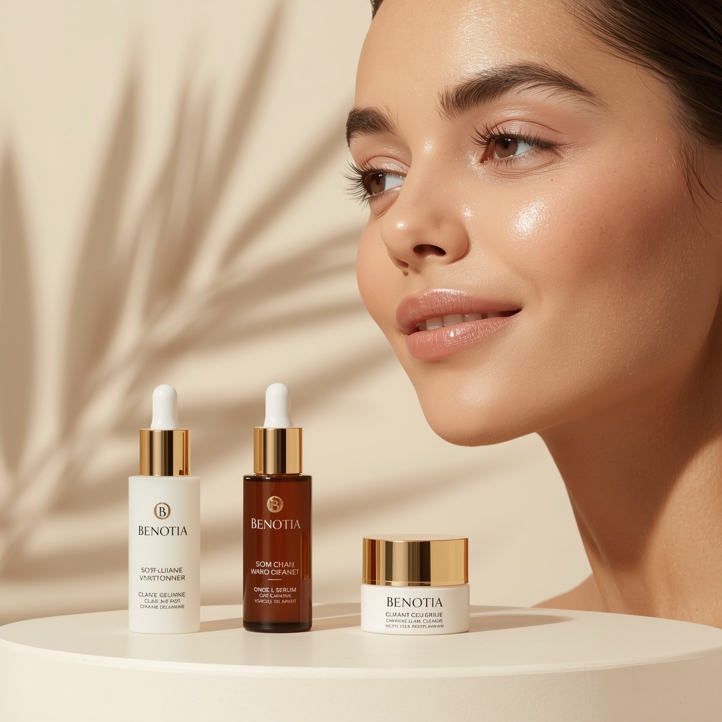 Beautiful woman with radiant glowing skin demonstrating skincare results